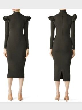 Hunter Bell Katelyn Knit Dress Brown Mock Neck Ruffle Shoulder Midi Dress Size S